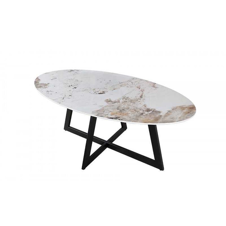 Salon meubles moss | Table Basse Ovale En C Ramique Effet Marbre Pied Noir - Louison 130X80 Beige