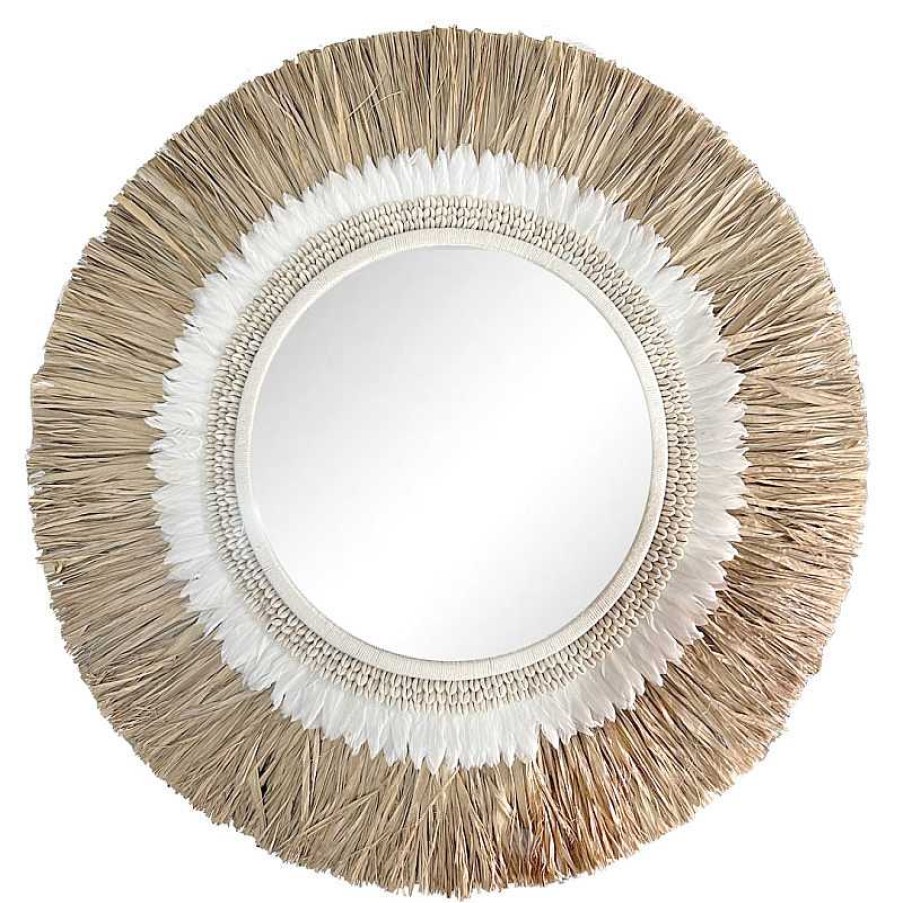 Salon meubles moss | Miroir Rond En Fibre Naturelle, Plumes Blanches Et Coquillages - Havana Blanc 100