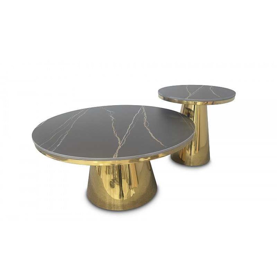 Salon meubles moss | Tables Basses Gigognes Effet Marbre Pieds Dor S - Gaspard 80/50 Noir