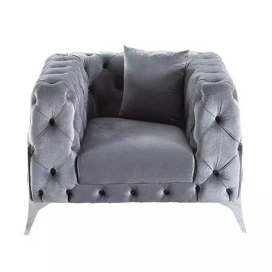 Salon meubles moss | Fauteuil Capitonn En Velours Pieds Chrom - Sivas Gris