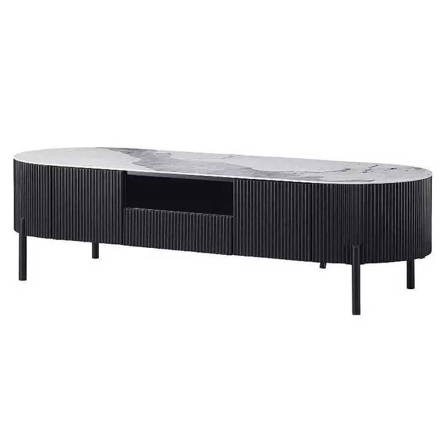 Salon meubles moss | Meuble Tv Plateau C Ramique Beige Laqu Effet Marbre - Aubrey 150Cm Noir