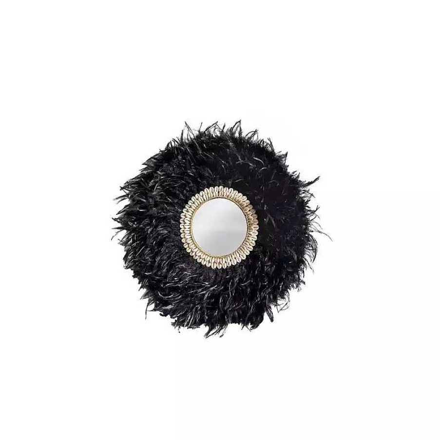 Salon meubles moss | Miroir Rond Plumes Noires Et Coquillages - Pokot 80