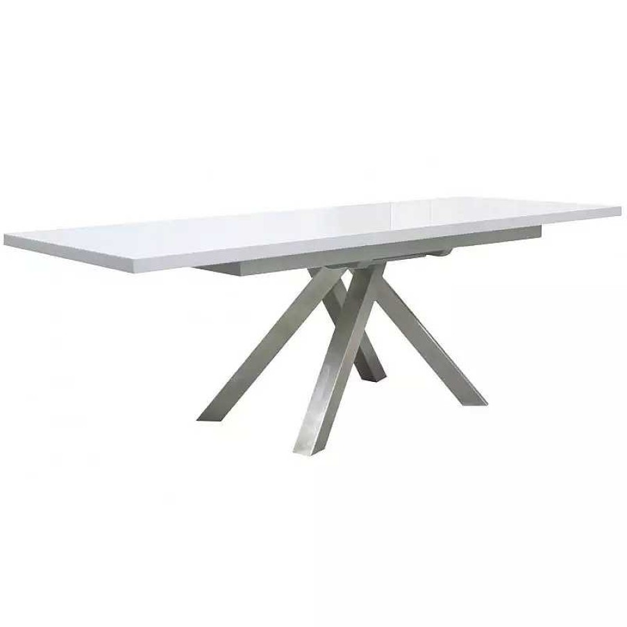 S Jour meubles moss | Table De Salle Manger Plateau Blanc Brillant Pied Inox Crois - Roma 180/240X90