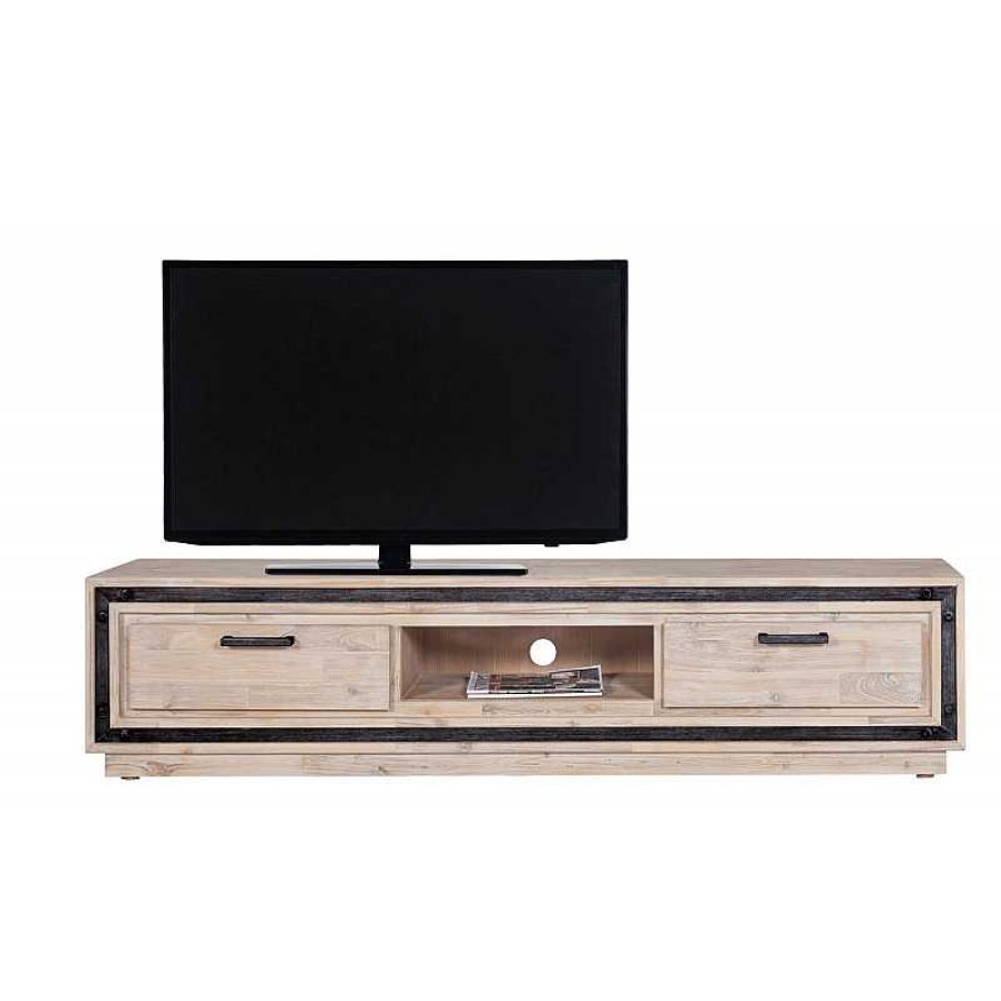 Salon meubles moss | Meuble Tv En Bois Massif D'Acacia Et M Tal Bross - Amylton 180Cm Bois Clair 1