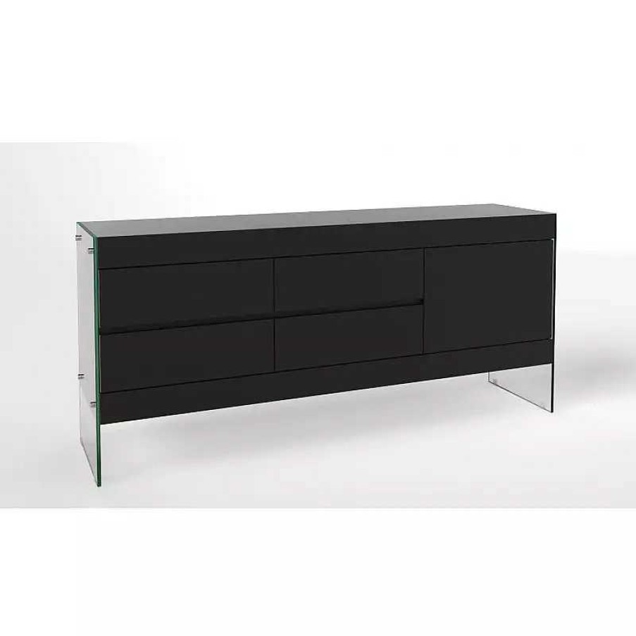 S Jour meubles moss | Buffet / Bahut 1 Porte 4 Tiroirs Pieds En Verre - Crystalline 185Cm Noir