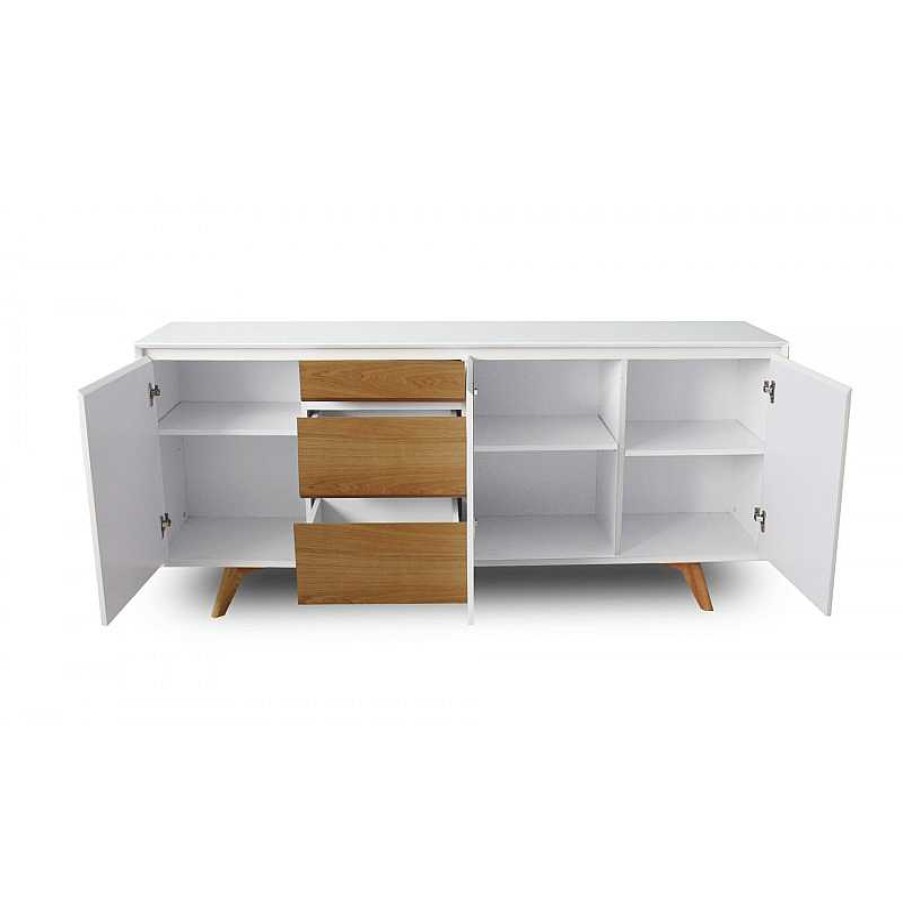 S Jour meubles moss | Buffet / Bahut 3 Portes 3 Tiroirs Scandinave Mat Pieds Bois - Svartan 180Cm Blanc