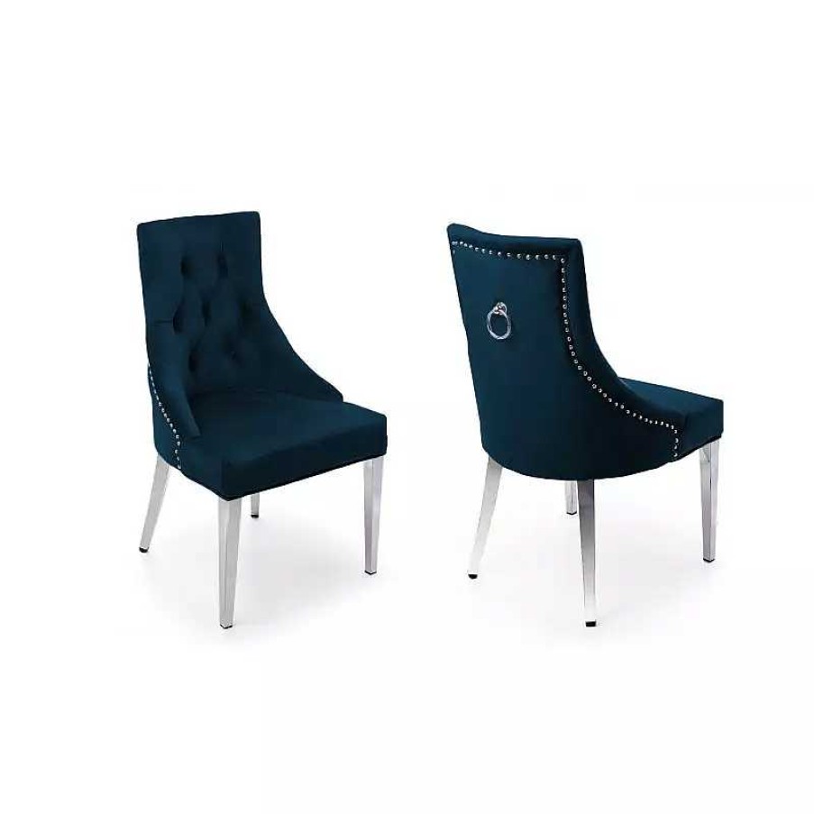 S Jour meubles moss | Chaise En Velours Capitonn E Avec Poign E, Pieds Chrom S - Romane Bleu