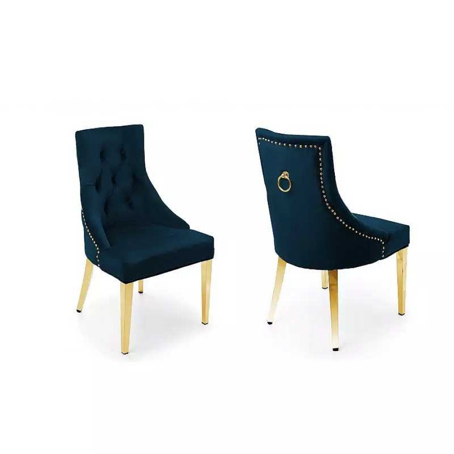 S Jour meubles moss | Chaise En Velours Capitonn E Avec Poign E, Pieds Dor S - Romane Dor E Bleu