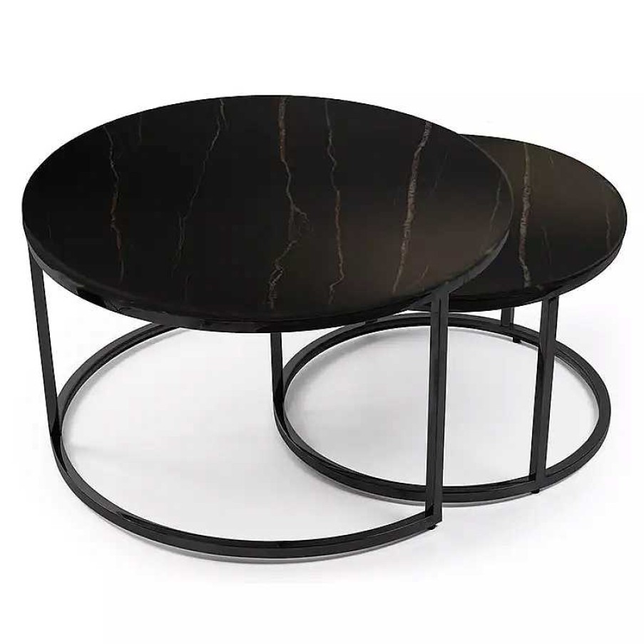 Salon meubles moss | Lot De Deux Tables Gigognes Rondes Effet Marbre Pieds S - Lisa 60/80 Noir