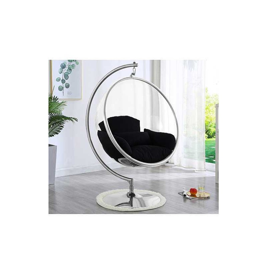 Salon meubles moss | Fauteuil Boule Suspendu En M Tal Argent Avec Coussin Noir - Sumba Gris