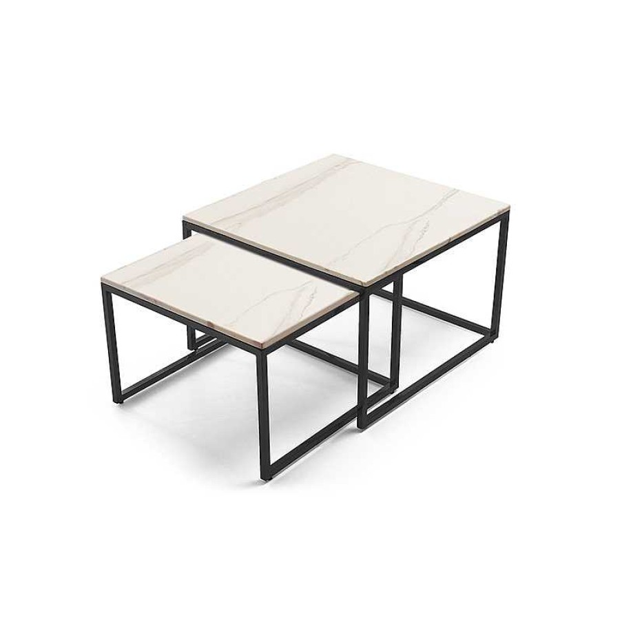 Salon meubles moss | Tables Basses Gigognes Carr Es Effet Marbre Et Pieds Noirs - Opale Blanc