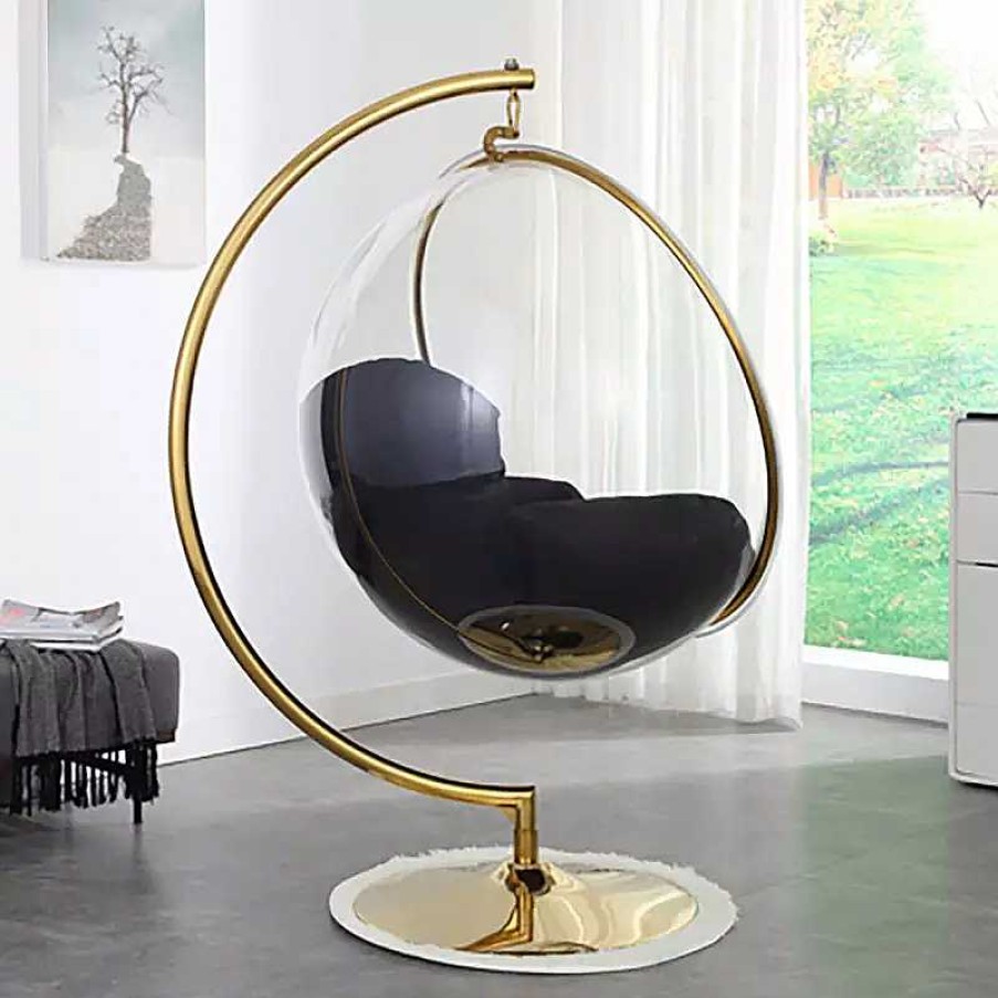 Salon meubles moss | Fauteuil Boule Suspendu En M Tal Dor Avec Coussin Noir - Sumba Jaune