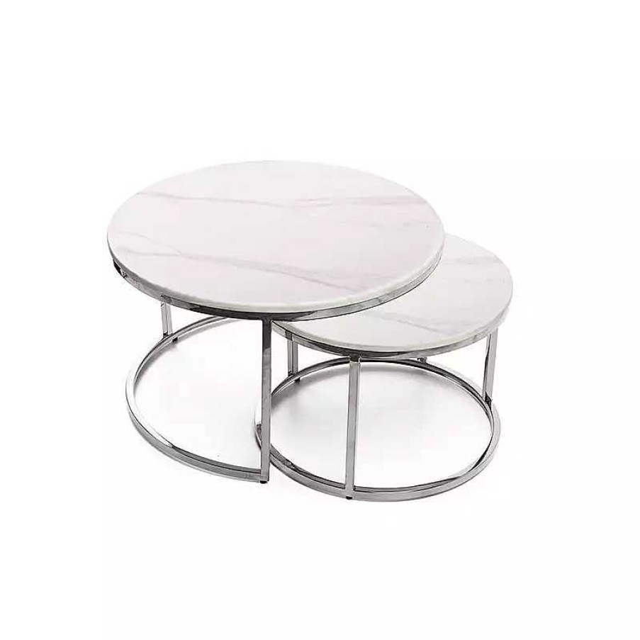 Salon meubles moss | Lot De Deux Tables Gigognes Rondes Effet Marbre Pieds Inox - Juliette 60/80 Blanc