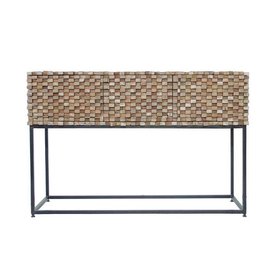 Salon meubles moss | Console 3 Tiroirs En Relief En Bois De Teck Massif Recycl Pied M Tal - Orlando 125Cm