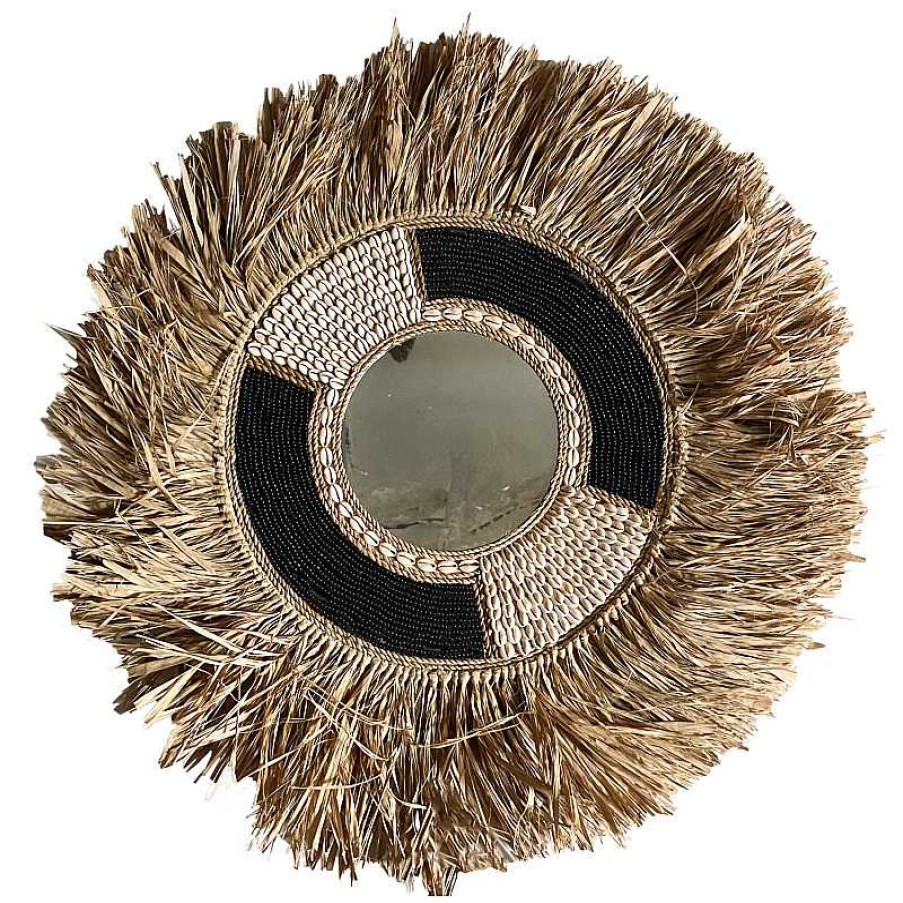 Salon meubles moss | Miroir Rond Raphia Et Coquillages - Mambasa Noir 60