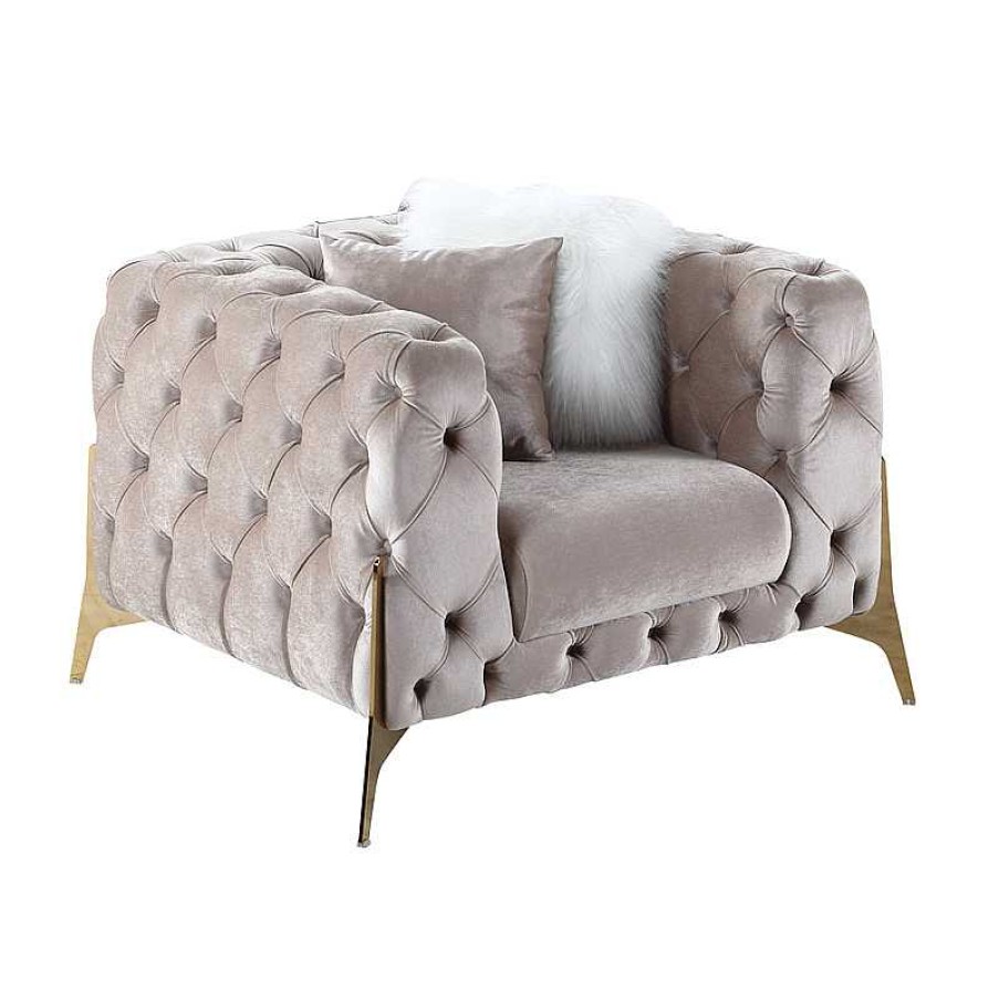 Salon meubles moss | Fauteuil Capitonn En Velours Pieds Dor - Sivas Beige