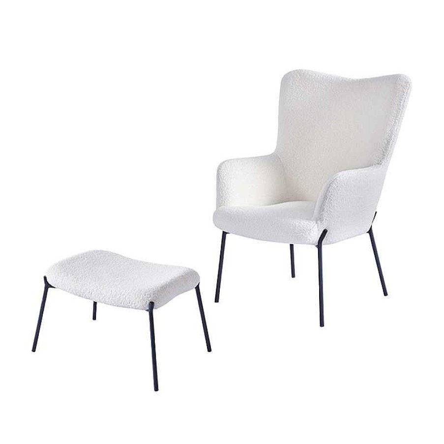 Salon meubles moss | Fauteuil Boucle Effet Peau De Mouton Avec Repose Pied - Mounty Blanc