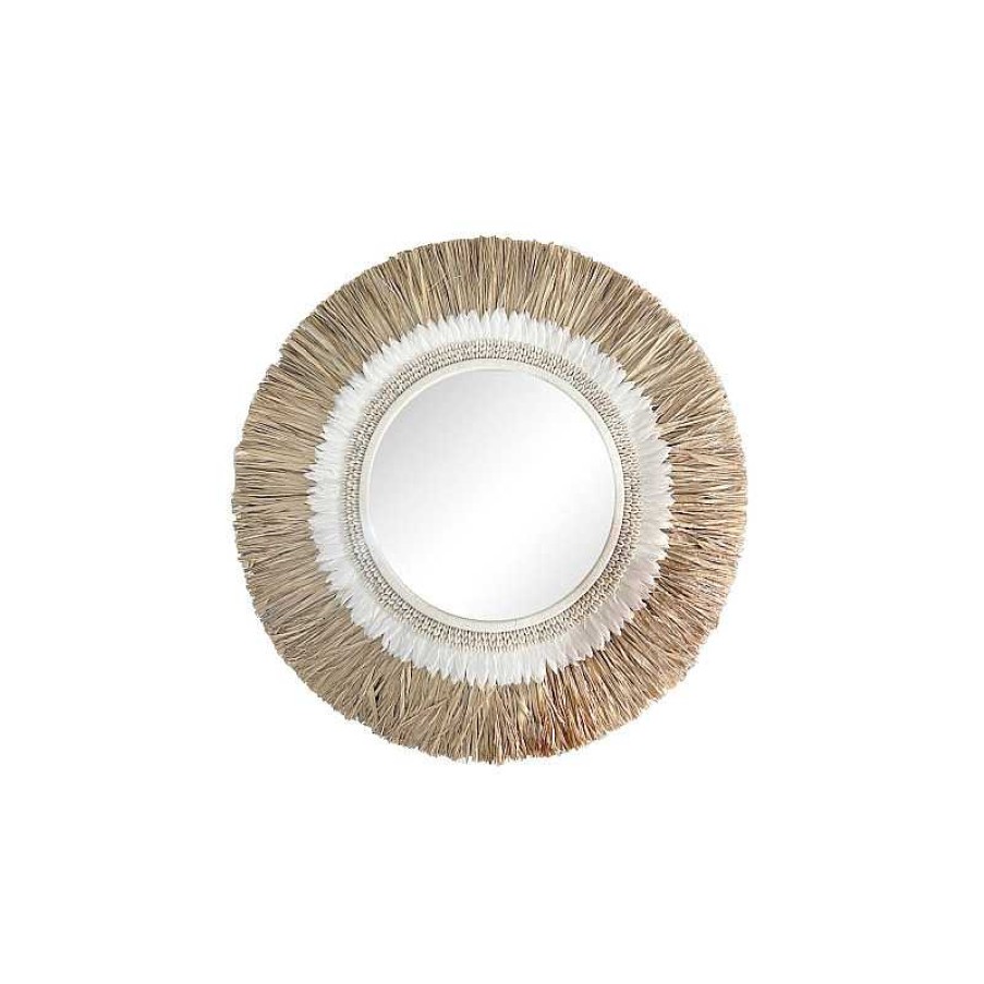 Salon meubles moss | Miroir Rond En Fibre Naturelle, Plumes Blanches Et Coquillages - Havana Blanc 100