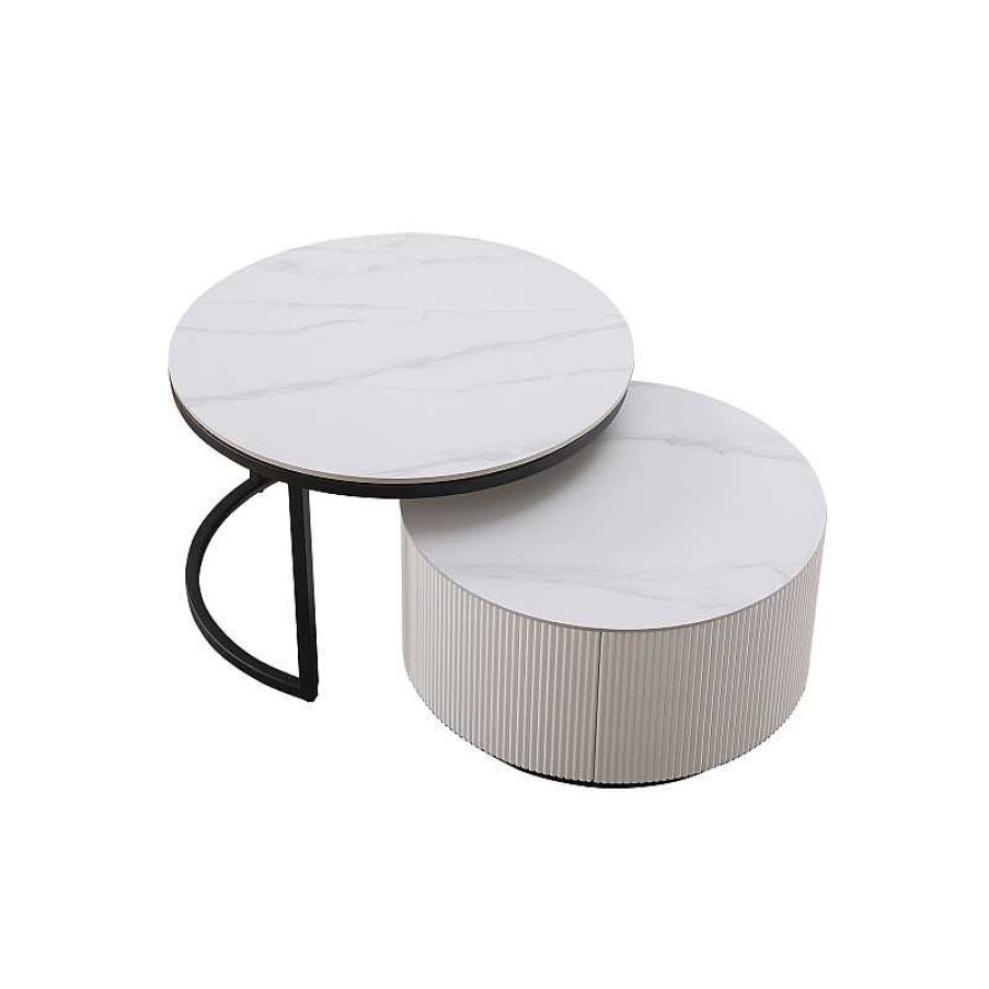 Salon meubles moss | Tables Basses Gigognes Rondes C Ramique Effet Marbre Mat - Aubrey 70/80 Blanc