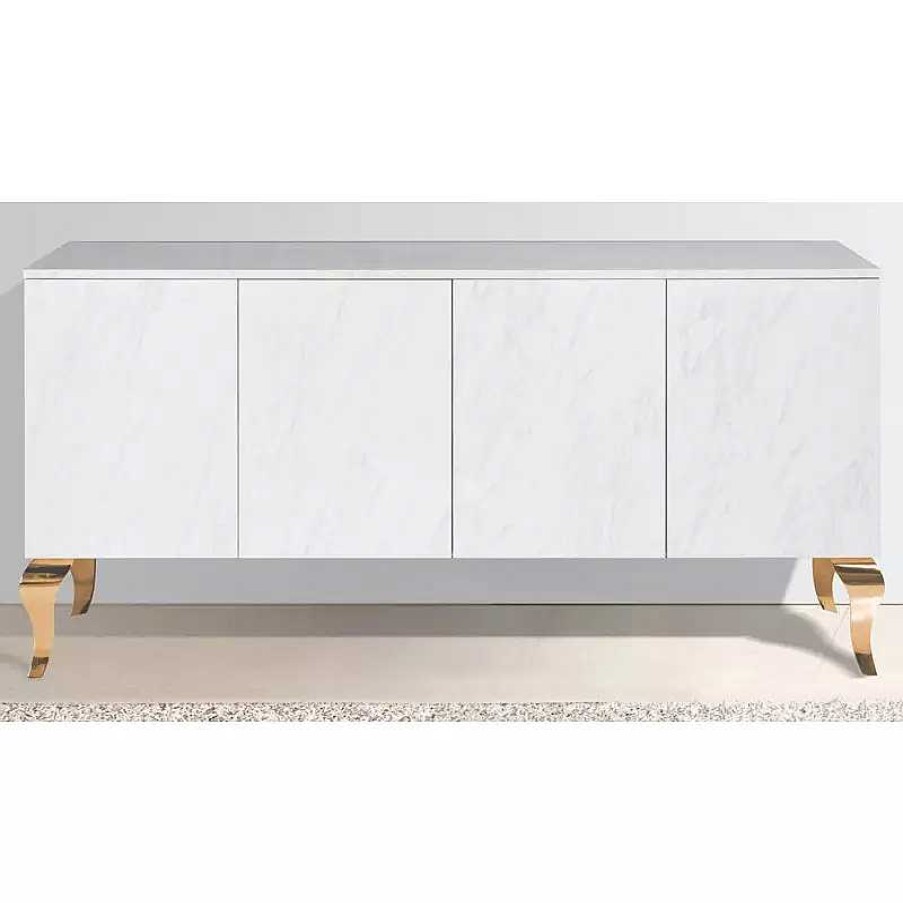 S Jour meubles moss | Buffet / Bahut Design 4 Portes Baroque Effet Marbre Pieds Dor S - Betty Dor E 180Cm Blanc