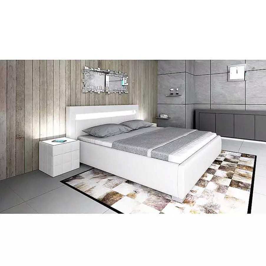 Chambre meubles moss | Lit Contemporain En Simili Avec Clairage Inclus - Quattro Blanc