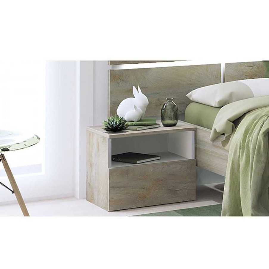 Chambre meubles moss | Prado - Chevet Design 1 Tiroir Laqu E Blanc Et Aspect Bois Bois Clair 1