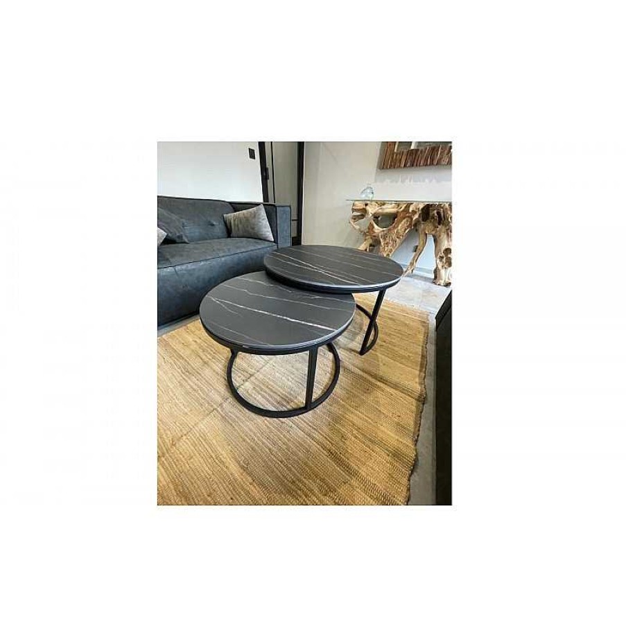 Salon meubles moss | Lot De Deux Tables Gigognes Rondes Effet Marbre Pieds S - Lisa 60/80 Noir