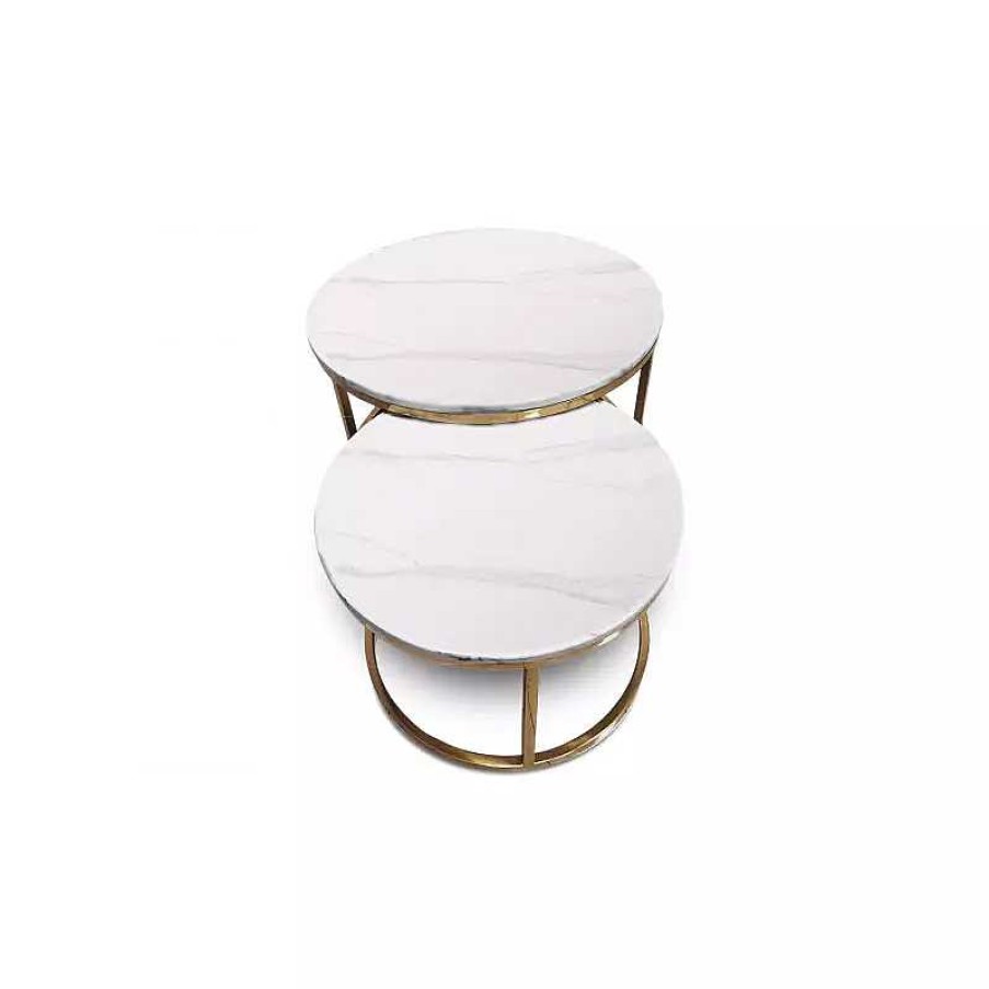 Salon meubles moss | Lot De Deux Tables Gigognes Rondes Effet Marbre Pieds Dor S - Rom O 60/80 Blanc