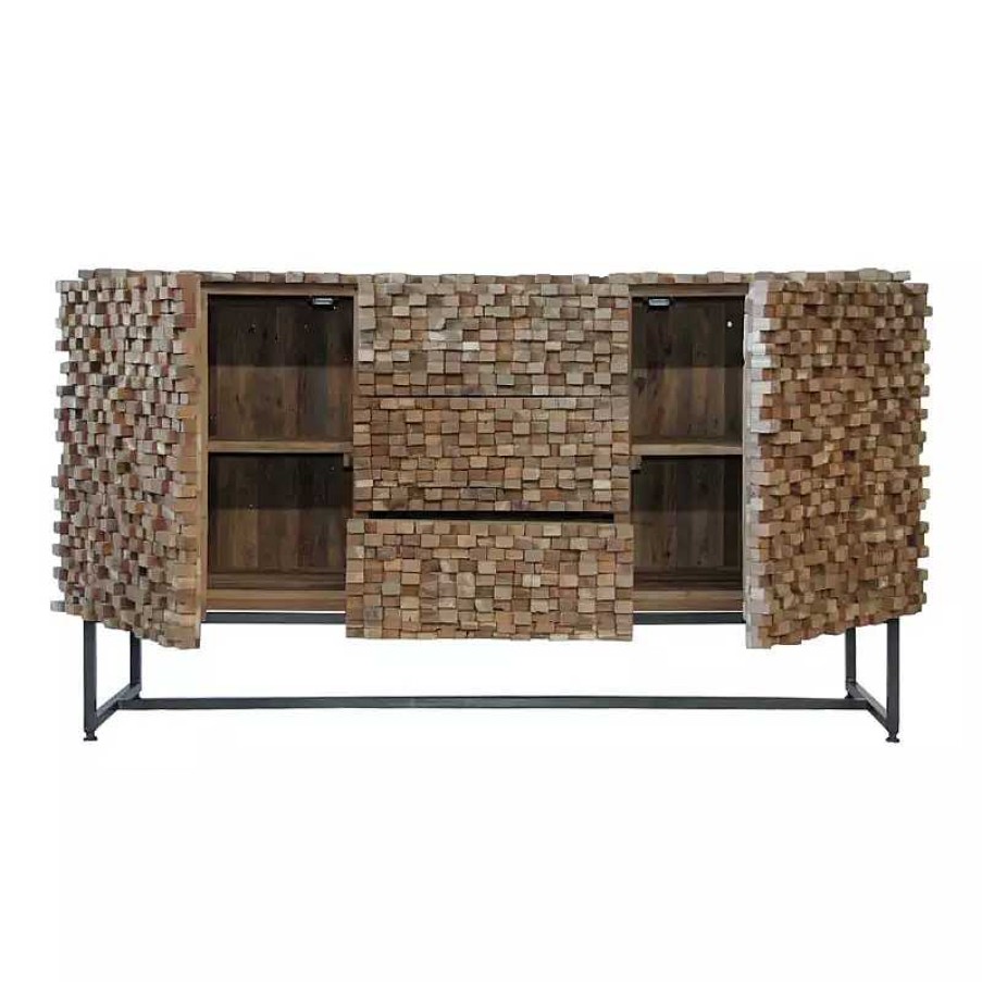 S Jour meubles moss | Bahut / Buffet 2 Portes 3 Tiroirs En Relief En Teck Massif Recycl - Orlando 145Cm