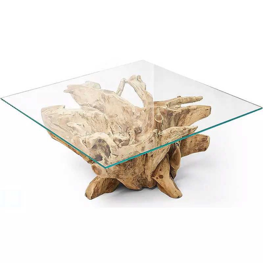 Salon meubles moss | Table Basse Racine Carr E Plateau Verre - Bali 110X110 Bois Clair 1