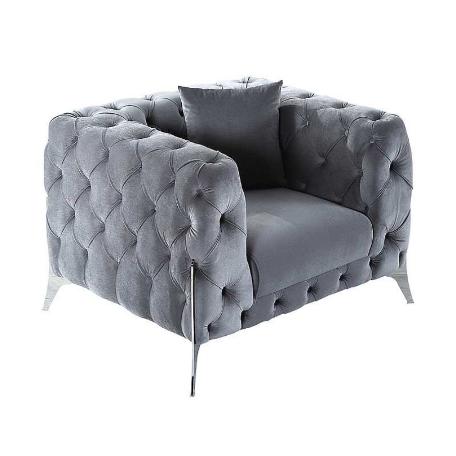 Salon meubles moss | Fauteuil Capitonn En Velours Pieds Chrom - Sivas Gris