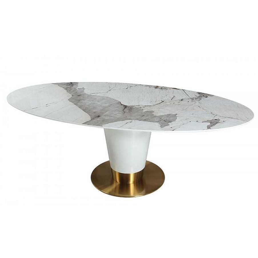 S Jour meubles moss | Table Ovale Plateau C Ramique Effet Marbre Pied Blanc - Turin 220X110 Beige