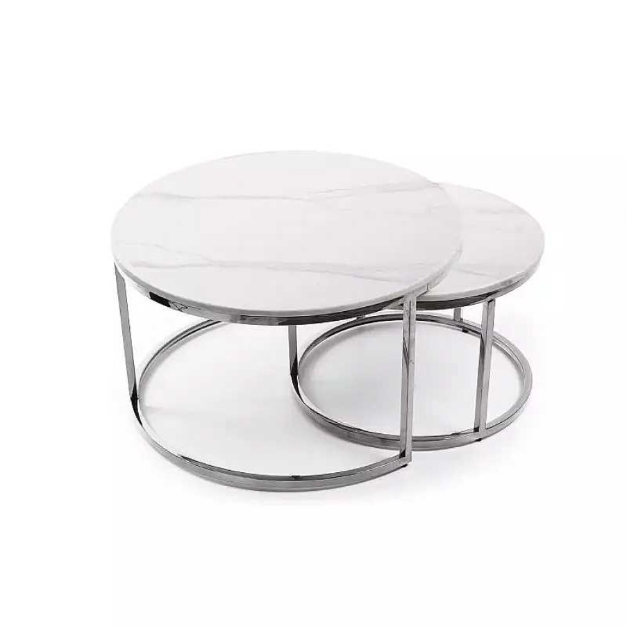 Salon meubles moss | Lot De Deux Tables Gigognes Rondes Effet Marbre Pieds Inox - Juliette 60/80 Blanc