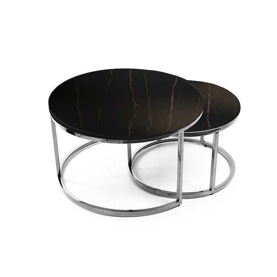 Salon meubles moss | Lot De Deux Tables Gigognes Rondes Effet Marbre Pieds Inox - Emilio 60/80 Noir