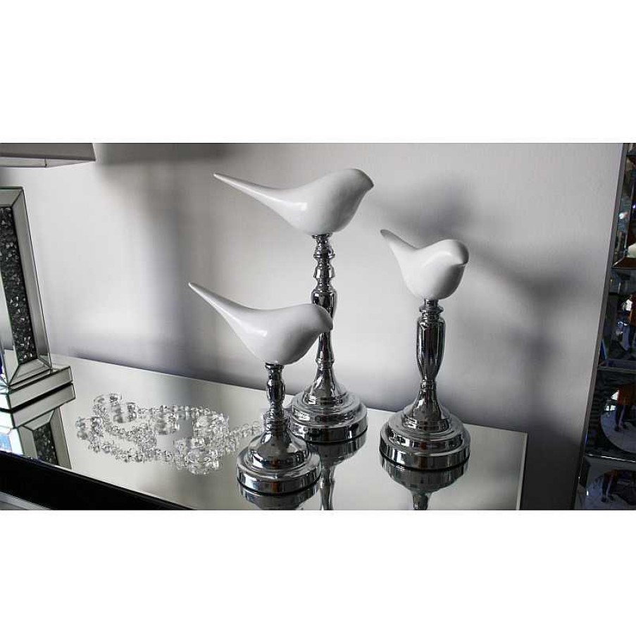 D Coration meubles moss | Statue Oiseau Blanc Pied Argent - Stern