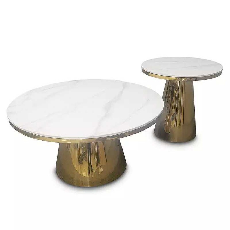 Salon meubles moss | Tables Basses Gigognes Lot De Deux Effet Marbre Pieds Dor S - Anna 80/50 Blanc