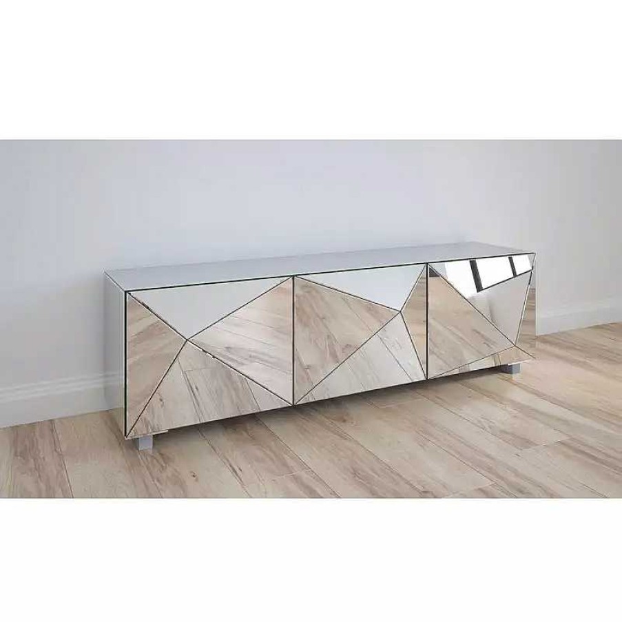 Salon meubles moss | Meuble Tv Miroir 3 Portes Design - Kirby 153Cm Argent